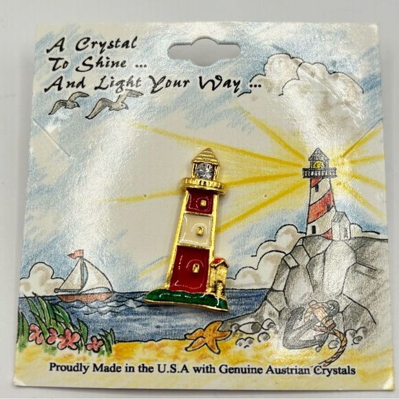 None Jewelry - Lighthouse Enamel Pin with Genuine Austrian Crystals